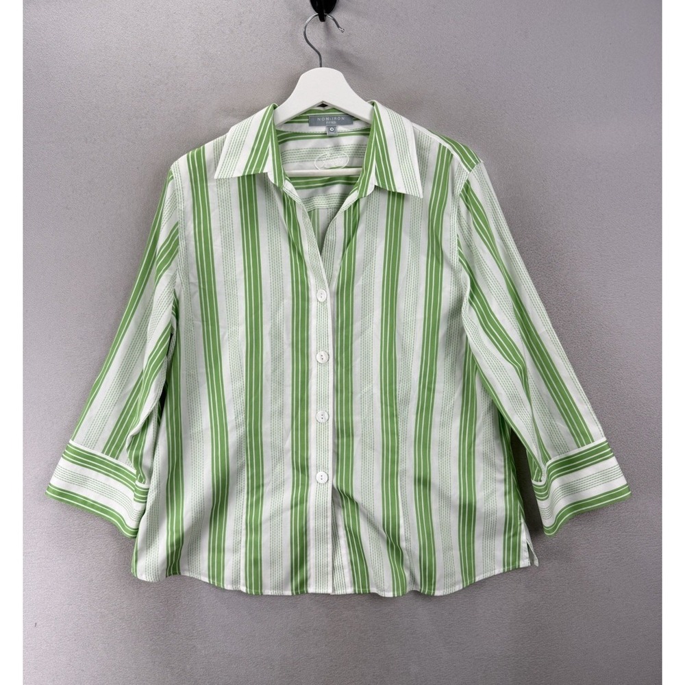 Foxcroft Non-Iron Fitted Plus Size 16 Green White Stripe Button Shirt Y2K Career